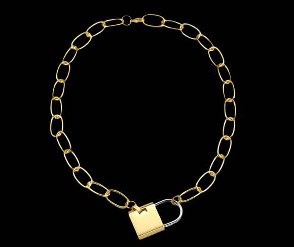 LUSH 18k GOLD PLATED STAINLESS STEEL Big Lock Link Chain Necklace