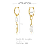 LUSH 925 SILVER 18 K GOLS PLATED Paper Clip Chain Pearl  Hoop Earrings