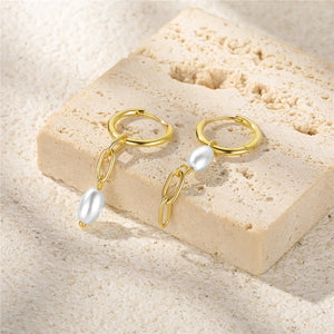 LUSH 925 SILVER 18 K GOLS PLATED Paper Clip Chain Pearl  Hoop Earrings