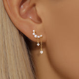 LUSH 925 SILVER EARRING PAIR 18K GOLD PLATED MOON WITH PEARL AND ZIRCON TASSEL STUDS
