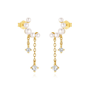 LUSH 925 SILVER EARRING PAIR 18K GOLD PLATED MOON WITH PEARL AND ZIRCON TASSEL STUDS