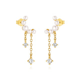 LUSH 925 SILVER EARRING PAIR 18K GOLD PLATED MOON WITH PEARL AND ZIRCON TASSEL STUDS