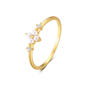 LUSH 925 SILVER CLOVER PEARL RING 18K GOLD PLATED