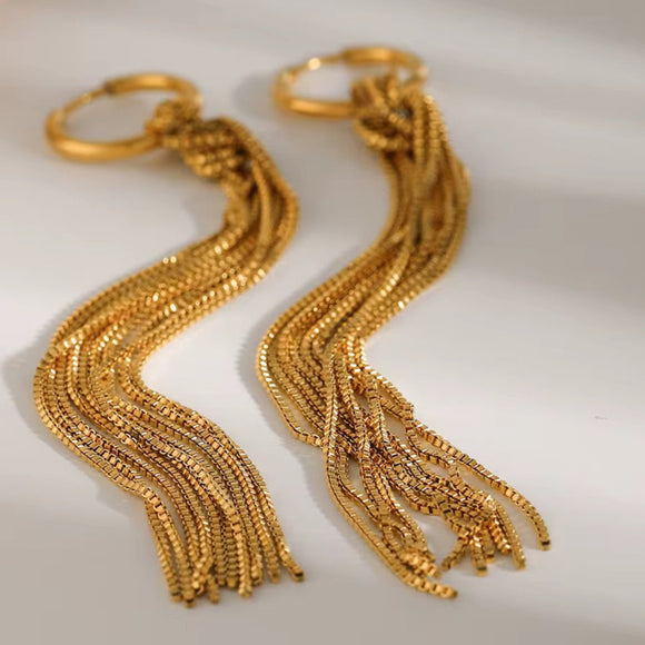 LUSH 18K GOLD PLATED STAINLESS STEEL LONG TASSEL HOOPS