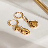 LUSH 18K GOLD PLATED STAINLESS STEEL CONCH AND HEART PENDANTS EARRINGS