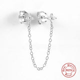 LUSH 925 SILVER Double Piercing Stud Earrings Zircon Long Chain Tassel Earring