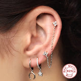 LUSH 925 SILVER Double Piercing Stud Earrings Zircon Long Chain Tassel Earring