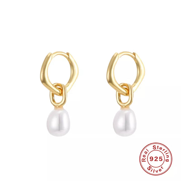 LUSH 925 SILVER EARRING -  18K Gold Plated  Round Shell Pearl Hoop Earrings Drop