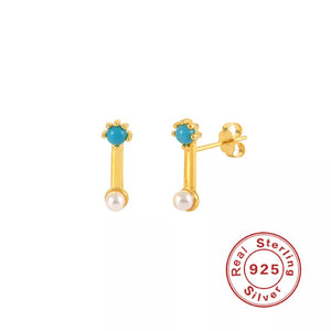 LUSH 925 SILVER - 925 Sterling Silver 18K Gold Turquoise Pearl Pearl Stud Earrings