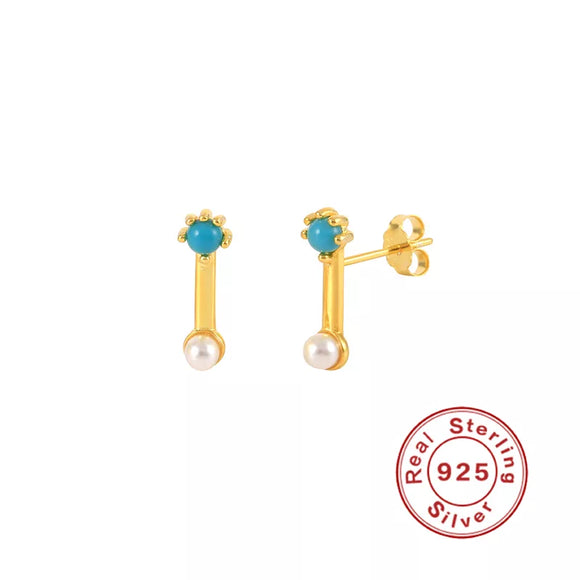 LUSH 925 SILVER - 925 Sterling Silver 18K Gold Turquoise Pearl Pearl Stud Earrings
